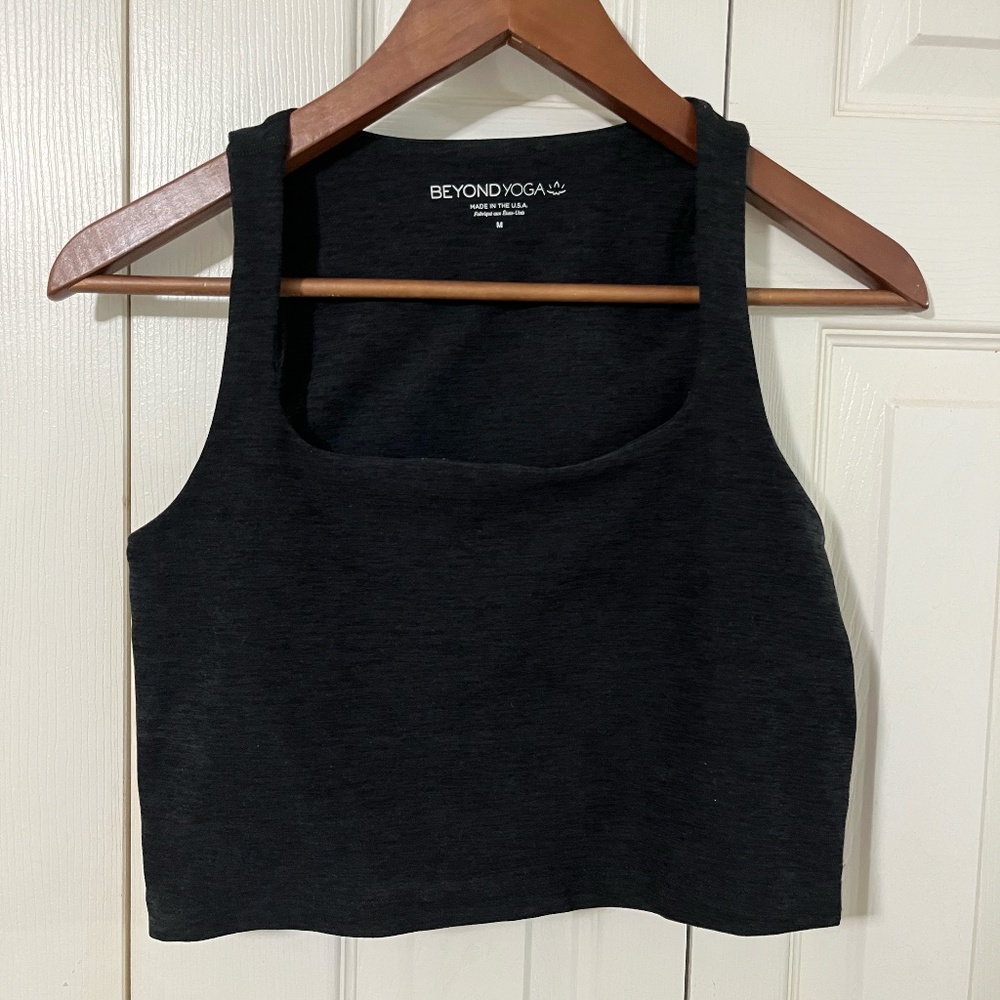 Heather Black beyond yoga shelf bra crop top